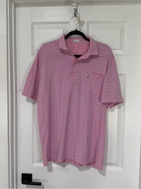 johnnie-O Pink Polo with Thin Blue Stripes